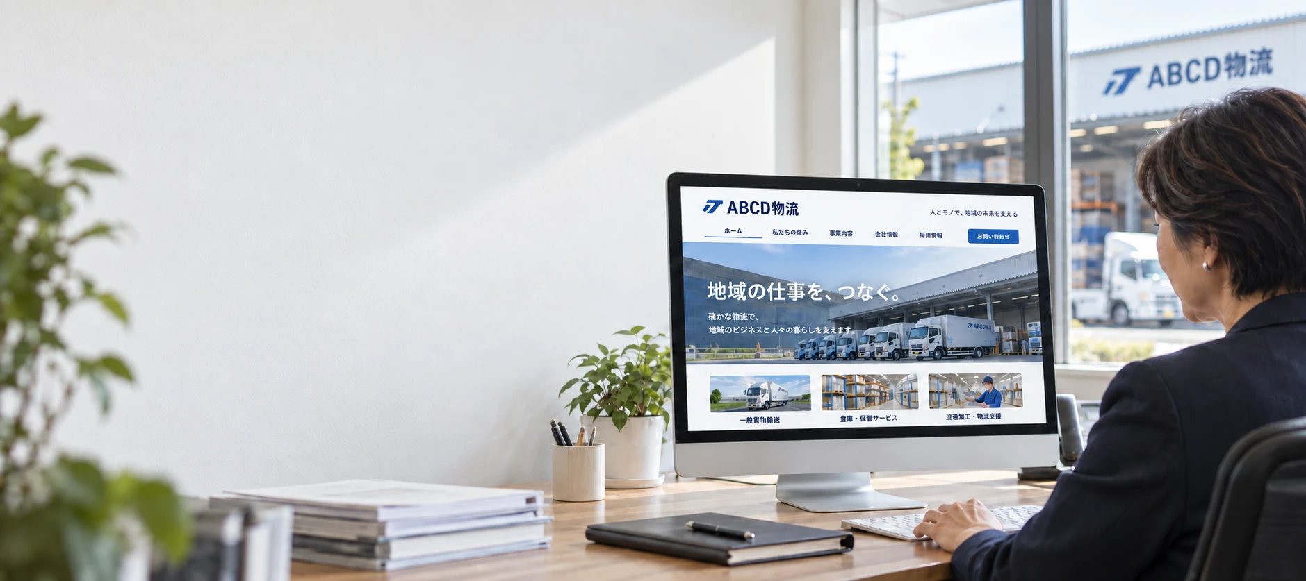自社の倉庫を望むオフィスで、ABCD物流の完成サイトを確認する女性社長（イメージ）